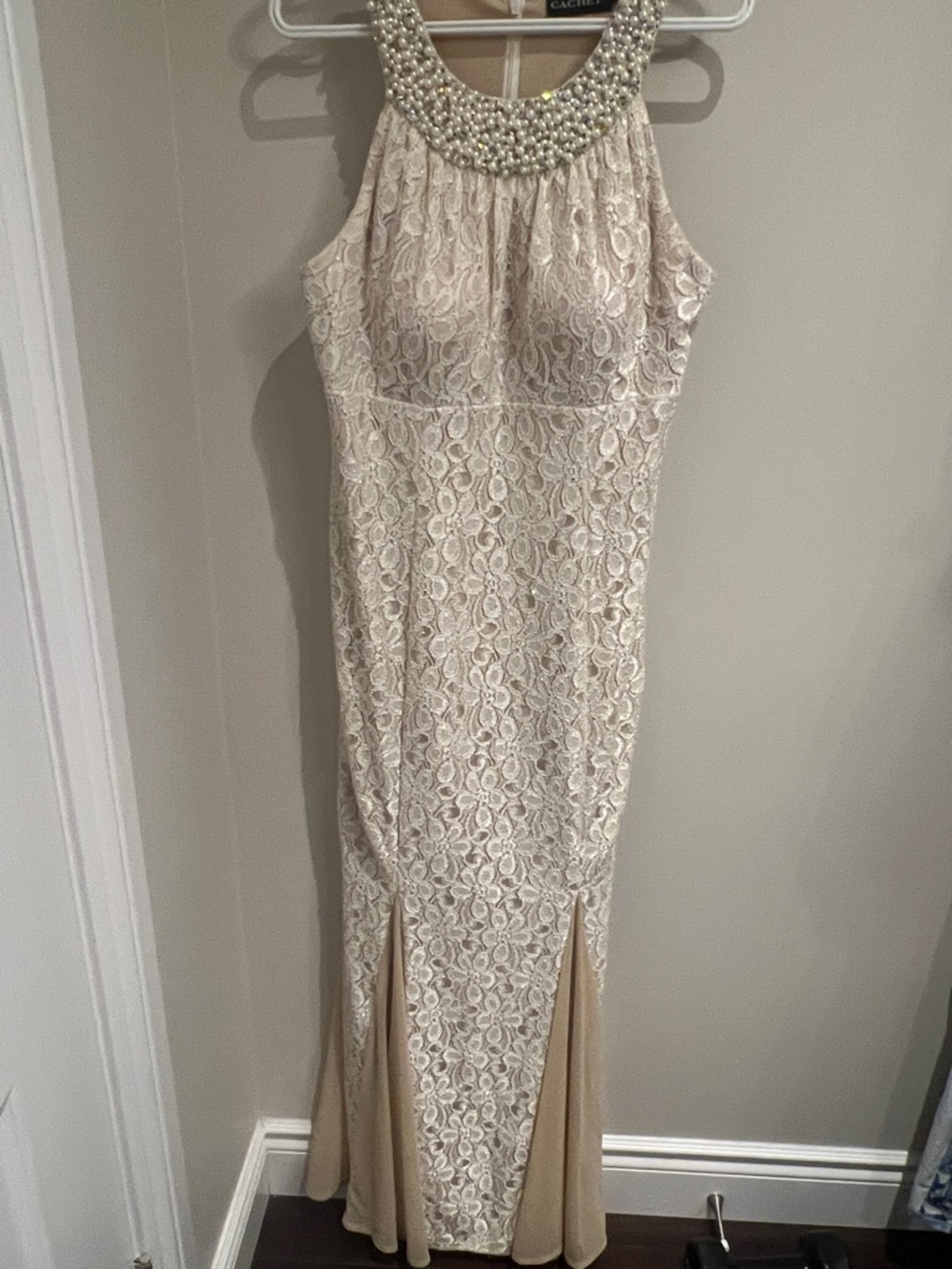 Cachet Ivory Lace Maxi Dress with Beaded Neckline